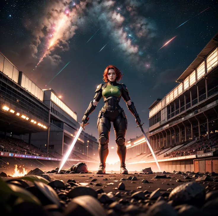 fullbody, 2 women Woman 25 years old green soviet, female, red alert, command and conquer, general suit, ussr, red hairs, medium hairs, young, duel, galaxy in background, battle, people in stadium watching from afar, swords in hand