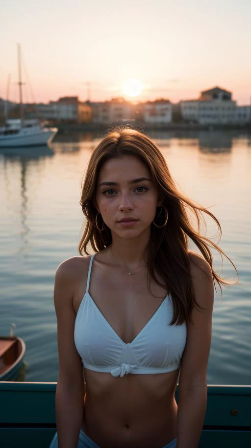 (masterpiece drawning, high quality), (solo:1.1), a digital art of a spanish girl, epic Sunrise, boat port, (soft lighting), Porta 160 color, shot on Leica T, sharp focus on subject, shot by Candida Höfer, Extreme detail, (vibrant color), (random background), depth of field