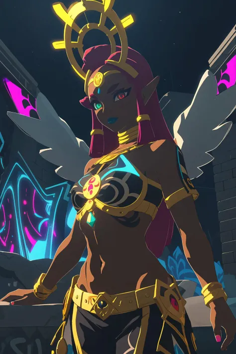 botw style, 1z_riju\(totk\), throne room, 1girl, solo, breasts, standing, posing, ((naked:1.5, completely naked)), jewelry, golden ornaments, navel, green eyes, blue lipstick, looking at the viewer, beautiful detailed face, <lora:botw_style_offset:0.6>, <lora:riju_v2:0.6>, ((masterpiece)), (best quality), 8k, ultra-detailed, absurdress, best quality, intricate details, chromatic aberration, 1girl, long hair, black hair, messy hair, red highlights, hair over one eye, red eyes, sharp eyes,angel, halo over head, angel wings, against wall, brick wall, graffiti, (glowing graffiti:1.2), (glowing tattoos1.1), glow, neon lights, (blacklight:1.4), <lora:blacklight:1.3>