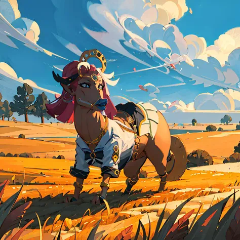 masterpiece, best quality, 1z_riju\(totk\), <lora:riju_v2:0.6>, Beautiful Art Style, 1girl, young woman, skirt around one leg, elite, field of wheat, on all fours, <lora:Stallionkeso-10:0.9>