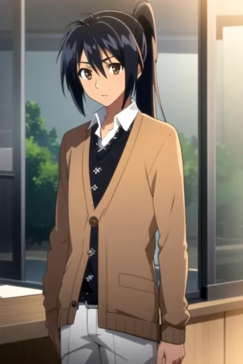 masterpiece, best quality, game cg, 1boy, solo, male focus, looking at viewer, , , anime coloring, , <lora:arata_kangatari:0.9>, arata_kangatari, arata_kangatari, black hair, brown eyes, ponytail, cardigan, , The Kingdom of the Unicorn, 8k resolution
