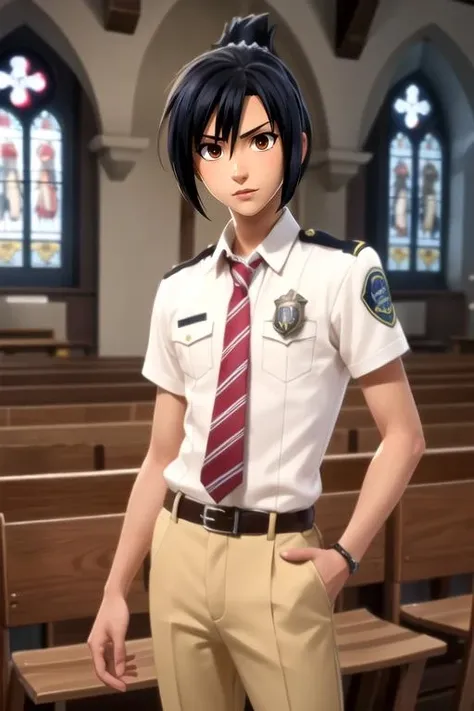 masterpiece, best quality, , 1boy, solo, male focus, looking at viewer, , , anime coloring, , <lora:arata_kangatari:0.84>, arata_kangatari, , cop costume, church, High definition