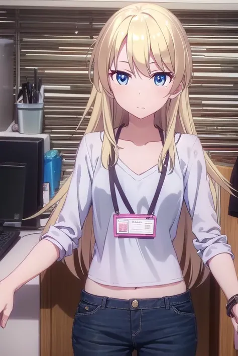kouyagami, <lora:kou yagami s2-lora-nochekaiser:1>,
kou yagami, long hair, blue eyes, blonde hair,
BREAK shirt, collarbone, pants, black shirt, id card, lanyard, denim,
BREAK indoors, office,
BREAK looking at viewer, (cowboy shot:1.5),
BREAK <lyco:GoodHands-beta2:1>, (masterpiece:1.2), best quality, high resolution, unity 8k wallpaper, (illustration:0.8), (beautiful detailed eyes:1.6), extremely detailed face, perfect lighting, extremely detailed CG, (perfect hands, perfect anatomy),