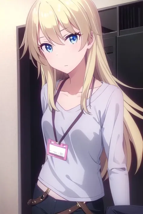 kouyagami, <lora:kou yagami s2-lora-nochekaiser:1>, 
kou yagami, long hair, blue eyes, blonde hair,
BREAK shirt, collarbone, pants, black shirt, id card, lanyard, denim,
BREAK indoors, office,
BREAK looking at viewer, (cowboy shot:1.5),
BREAK <lyco:GoodHands-beta2:1>, (masterpiece:1.2), best quality, high resolution, unity 8k wallpaper, (illustration:0.8), (beautiful detailed eyes:1.6), extremely detailed face, perfect lighting, extremely detailed CG, (perfect hands, perfect anatomy),