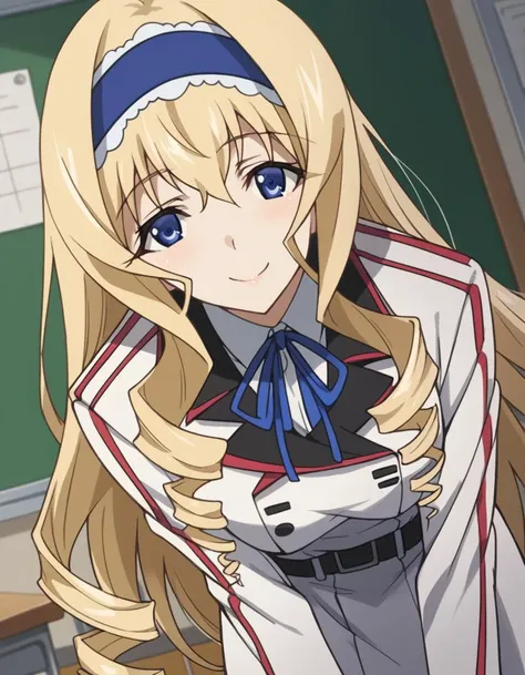 score_9, score_8_up, score_7_up, source_anime,
ceciliaalcott, <lora:cecilia-alcott-s2-ponyxl-lora-nochekaiser:1>,
cecilia alcott, long hair, blue eyes, blonde hair, hairband, drill hair, blue hairband,
school uniform, ribbon, blue ribbon, long sleeves, red trim, uniform, military uniform, white military uniform,
indoors, classroom, bent over, smile,
looking at viewer, cowboy shot, solo, dutch angle,