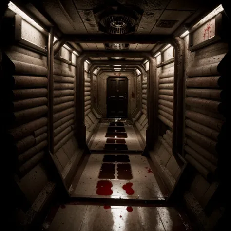 <lora:AlienCorridor:0.8>, AlienCorridor, blood stains on the floor and walls, creepy lighting, reflecting floor, steam air coming out of walls, dirty mechanical ladder steps on a side