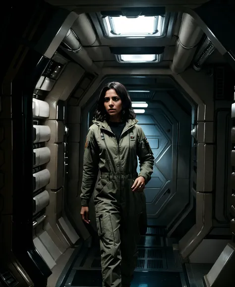 a portrait of a character in the film alien by ridley scott. a female Indian woman age 34 hazel eyes, fit physique in a olive jumpsuit, is in a (white paneled spaceship), 8k, cinematic lighting with dark shadows, hyper realistic, insane details.