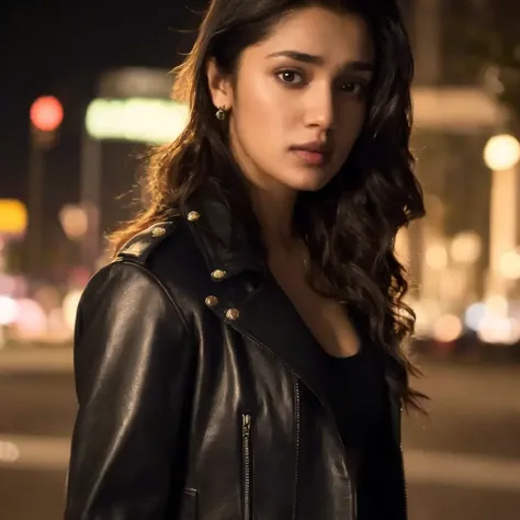 No-one55, a woman,Portrait of No-one55 , as a beautiful female model, cleavage, beautiful face, in cyberpunk city at night. she is wearing a leather jacket, black jeans, dramatic lighting, (police badge:1.2)((dark skin))