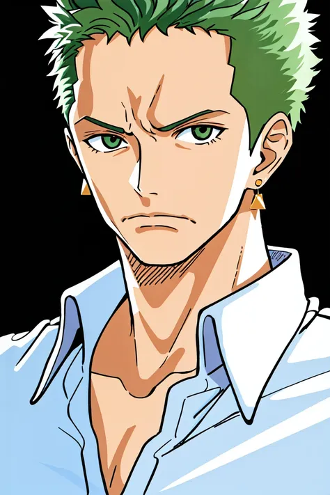 oda eiichirou, 1boy, earrings, frown, green hair, highres, jewelry, looking at viewer, male focus, official art, one piece, roronoa zoro, sandai kitetsu, shirt, simple background, solo, white background

<lora:oda_eiichirou:0.5>