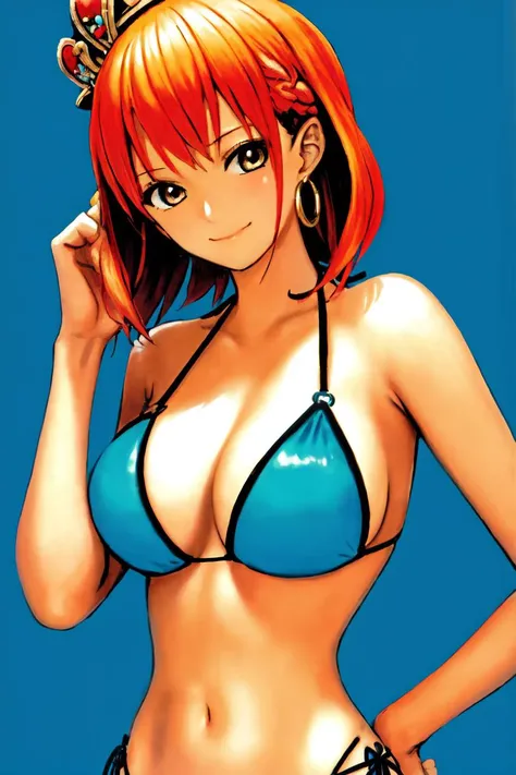 oda eiichirou, masterpiece, best quality, 1girl, orange hair, closed mouth, earrings, hat, looking at viewer, bikini, short hair, simple background, solo, upper body
<lora:oda_eiichirou:0.8>