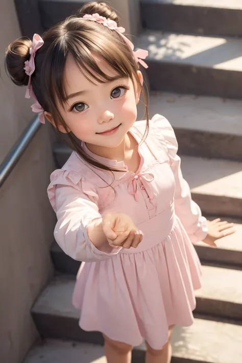 masterpiece, best quality, absurdres, illustration, 1girl, solo, smile, blush, looking at viewer, looking up, from above, chinese clothes, pink dress, long sleeves, brown eyes, black hair, bangs, hair bun, outstretched hand, reaching towards viewer, lips, foreshortening, ribbon, stairs, ((cos, cute girl:1.3)), <lora:GoodHands-beta2:0.8>