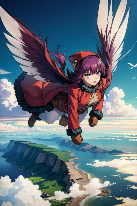 masterpiece, best quality, <lora:zs_MohShuvuu:0.9> mohshuvuusmt, hat, purple hair, fur trim, boots, blue eyes, mittens, wings, coat, white pantyhose, sky, clouds, (flying:1.5), furrowed brow