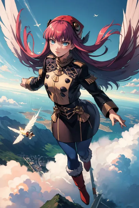 masterpiece, best quality, <lora:zs_MohShuvuu:0.8> mohshuvuusmt, blue eyes, hat, purple hair, fur trim, boots, wings, <lora:gmuniform-nvwls-v1:1.2> gmuniform, (flying:1.4), sky