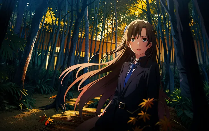 1girl, against_tree, aki_shizuha, anger_vein, autumn, autumn_leaves, bangs, bare_tree, blue_eyes, blunt_bangs, branch, night, dress, falling_leaves, forest, ginkgo_leaf, holding_leaf, lake, leaf, leaf_background, leaf_hair_ornament, leaf_on_head, leaf_print, lips, long_hair, looking_at_viewer, maple_leaf, nature, outdoors, solo, standing, stone_lantern, tree, under_tree, black hair, sensei <lora:Sensei:1>