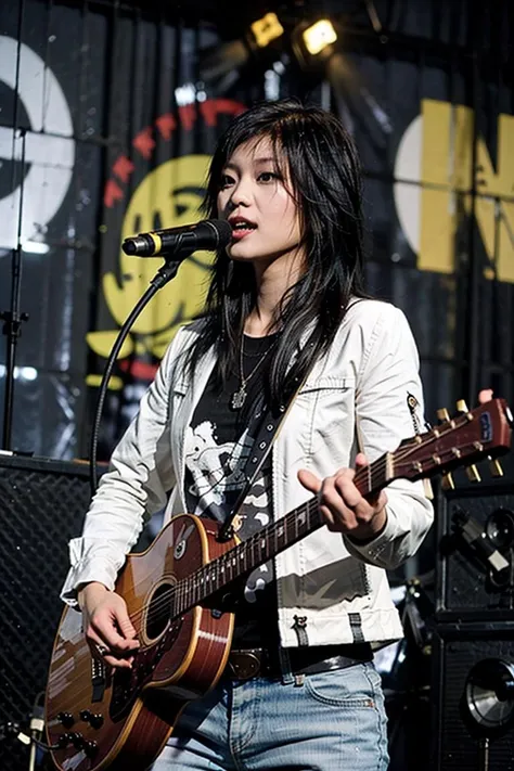 best quality, ultra high res, (photorealistic:1.4), masterpiece, Concert background,1girl,detailed eyes,hair decoration,trendy expression,jacket,top,pants,(style:1.5),standing,On stage,Play the guitar,sing(looking at viewer), <lora:asang:0.8>