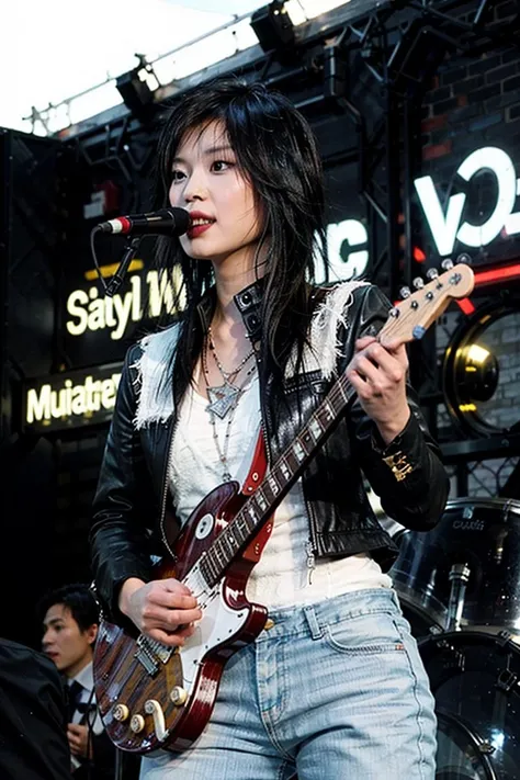 best quality, ultra high res, (photorealistic:1.4), masterpiece, Concert background,1girl,detailed eyes,hair decoration,trendy expression,jacket,top,pants,(style:1.5),standing,On stage,Play the guitar,sing(looking at viewer), <lora:asang:0.8>