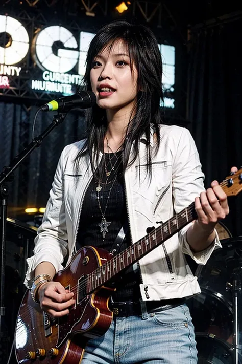 best quality, ultra high res, (photorealistic:1.4), masterpiece, Concert background,1girl,detailed eyes,hair decoration,trendy expression,jacket,top,pants,(style:1.5),standing,On stage,Play the guitar,sing(looking at viewer),   <lora:asang:0.8>