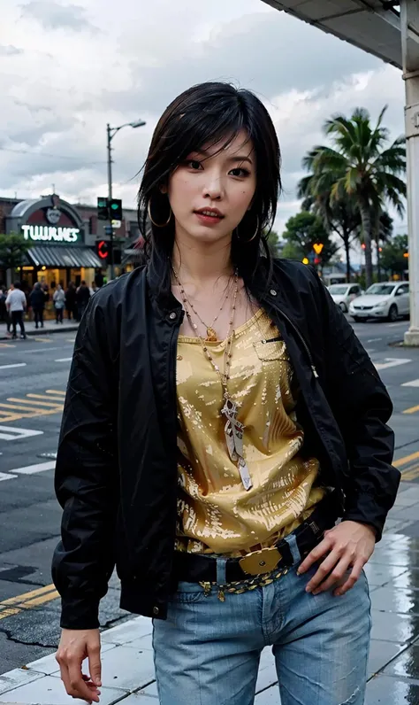 (RAW photo, best quality), (realistic, photo-realistic:1.30),girly,solo,1girl,detailed eyes,hair decoration,trendy expression,jacket,top,pants,(style:1.5),outdoors,mall,clothes,detailed background,(blue and orange tone impression:1.3), soft lighting,gorgeous light and shadow ,stunning environment, hyperdetailed, (aestheticism), ethereal, golden hour, <lora:asang:0.8>