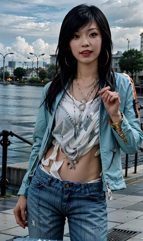 (RAW photo, best quality), (realistic, photo-realistic:1.30),girly,solo,1girl,detailed eyes,hair decoration,trendy expression,jacket,top,pants,(style:1.5),outdoors,mall,clothes,detailed background,(blue and orange tone impression:1.3), soft lighting,gorgeous light and shadow ,stunning environment, hyperdetailed, (aestheticism), ethereal, golden hour, <lora:asang:0.8>