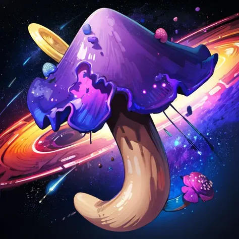 masterpiece, best quality, <lora:FantasyIcons_Mushrooms:0.8>, purple mushroom, space, stars, cosmos,