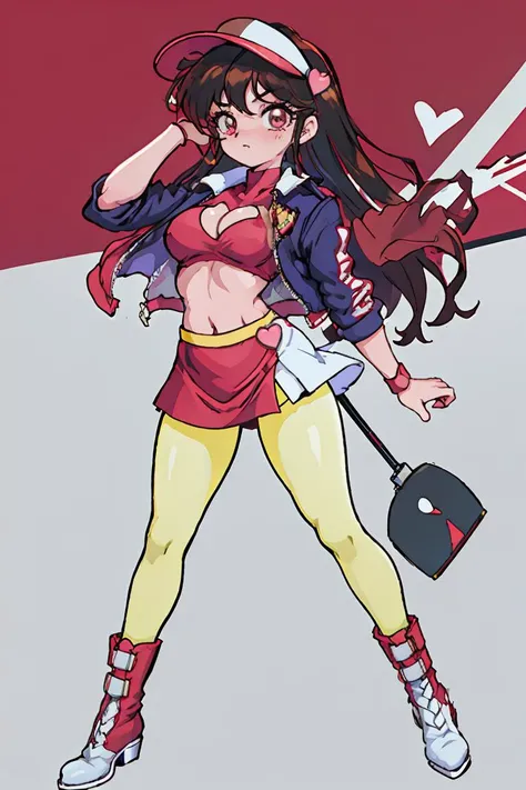 (masterpiece, best quality), 1girl, <lora:asusugo:0.8> asusugo, visor cap, heart, crop top, miniskirt, wristband, boots, red footwear, asusugodr, visor cap, heart, jacket, dress, cleavage cutout, pantyhose, knee boots
