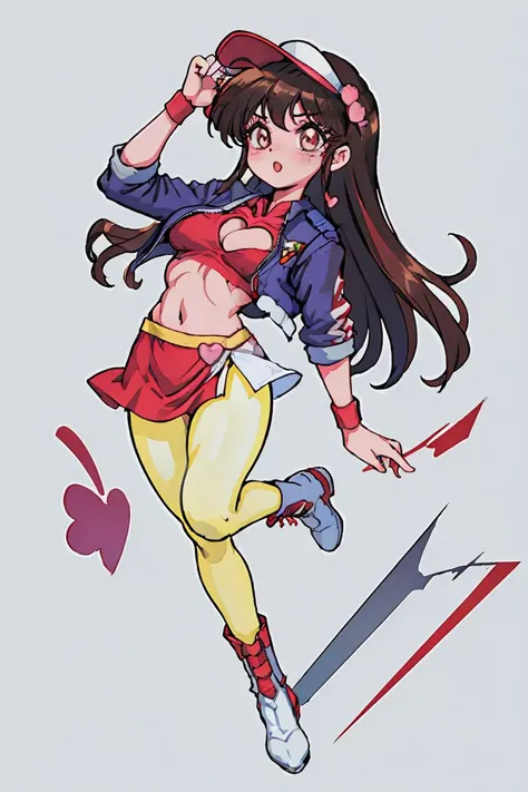 (masterpiece, best quality), 1girl,   <lora:asusugo:0.8> asusugo, visor cap, heart, crop top, miniskirt, wristband, boots, red footwear,  asusugodr, visor cap, heart, jacket, dress, cleavage cutout, pantyhose, knee boots