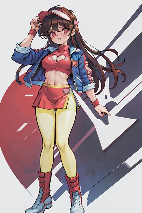 (masterpiece, best quality), 1girl, <lora:asusugo:0.8> asusugo, visor cap, heart, crop top, miniskirt, wristband, boots, red footwear, asusugodr, visor cap, heart, jacket, dress, cleavage cutout, pantyhose, knee boots