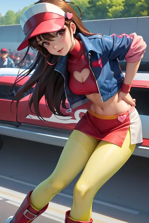 (masterpiece, best quality), 1girl,   <lora:asusugo:0.8> asusugo, visor cap, heart, crop top, miniskirt, wristband, boots, red footwear,  asusugodr, visor cap, heart, jacket, dress, cleavage cutout, pantyhose, knee boots