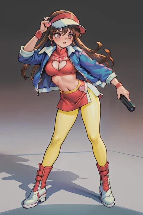 (masterpiece, top quality, best quality, official art, beautiful and aesthetic:1.2), (1girl:1.3), (fractal art:1.3), solo, deep brown pantyhose, brown hair, red headband,brown eyes, red leotard, leotard, sneakers, ponytail, long hair, shoes, breasts, cleavage, bandages, covered navel, loose socks, vest,toned, (Cinmatic:0.4), looking at viewer, fighting stance,