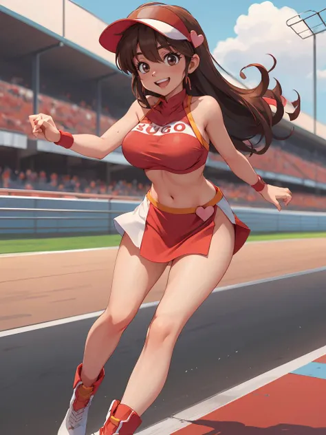 1girl, asusugo, visor cap, heart, crop top, miniskirt, large breasts, pit lane, grin, wristband, boots, red footwear <lora:asusugo:0.7>