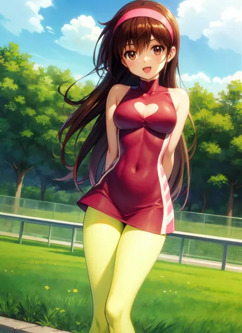 asusugodr, 1girl, solo, hairband, hairband, dress, cleavage cutout, pantyhose, arms behind back, open mouth, smile, looking at viewer, sky, day, cloud, medium breasts, sleeveless <lora:asusugo_V2-09:0.8>