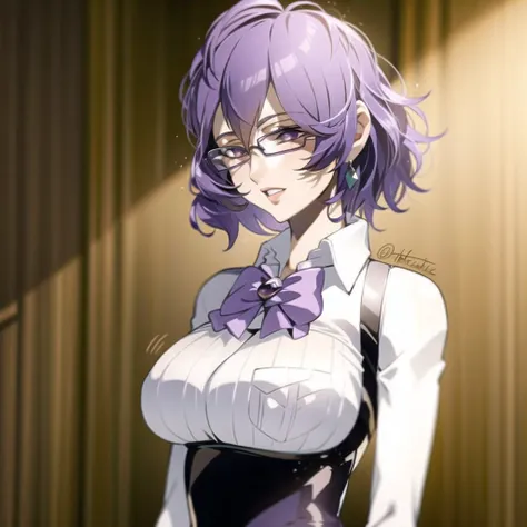 1girl, mature female, masterpiece, mistress, goddess,short hair ,((puple hair)),glasses
