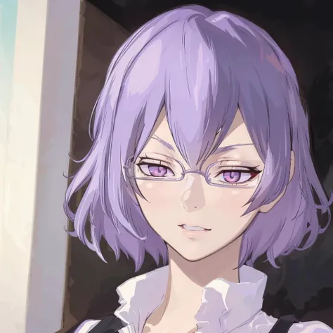 ((mature female, masterpiece, mistress, goddess)),((masterpiece: 1.2)),ultra-detailed, ultra high res, high quality, 4K, solo, 1girl,extreamly delicate and beautiful,illustration,masterpiece,(illustration),(highres),short hair,glasses,purple eye,black pantyhouse
