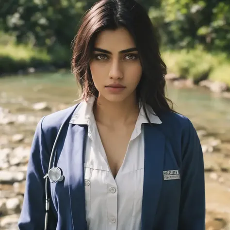 No-one49, a woman, she is wearing doctor outfit, standing near a river, modelshoot style, extremely detailed CG unity 8k wallpaper, 8k uhd, dslr, soft lighting, high quality, film grain, Fujifilm XT, ((realistic))