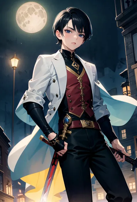 (extremely detailed CG unity 8k wallpaper), (an extremely delicate and beautiful),
1boy, male focus, moon, black hair, solo, weapon, novel cover, sword, looking at viewer, holding weapon, night