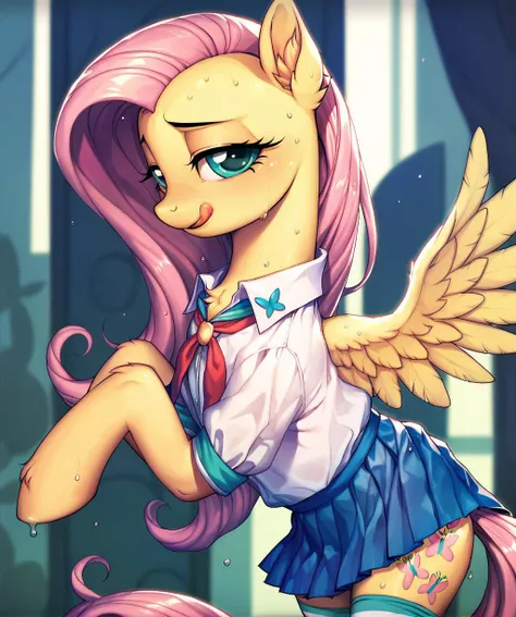 score_9, score_8_up, score_7_up, score_6_up, score_5_up, score_4_up, (by aki99), source_pony, rating_suggestive, (feral pegasusfluttershy), pleated skirt, striped stockings, bedroom eyes, oiled, shiny,licking lips,wet , masterpiece, detailed soft lighting, ear fluff <lora:odanon_style_v2:1>