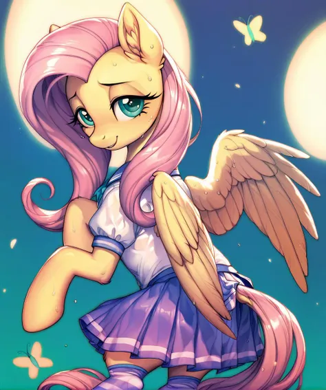 ((derpibooru_p_95)), fluttershy, solo, anthro,((best quality)), ((highly detailed)), masterpiece, (detailed eyes, deep eyes), (1girl), dynamic angle, cowboy shot, mlpfluttershy, pink hair, hair ornament, blue eyes, slight smile, yellow fur, anthro, mlp furry, nsfw, ecchi, medium breasts, squeezing chest, winking