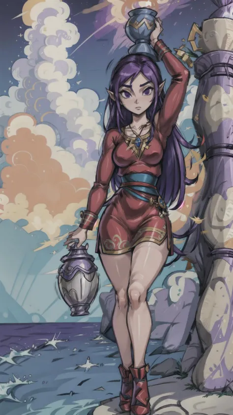 <lora:sue-belle:0.7> sue-belle, 1girl, pointy ears, purple hair, purple eyes, long hair, red dress, wide hips, tall female, narrow waist, (holding vase:1.25), beach, <lora:StyleWindwaker1:0.8> Style Windwaker, StyleWindwaker, masterpiece, best quality, extremely detailed, highly quality, 4k, sharp focus, professional, sharp focus, award winning, cinematic lighting, octane render, unreal engine, volumetrics dtx, Wallpaper,
