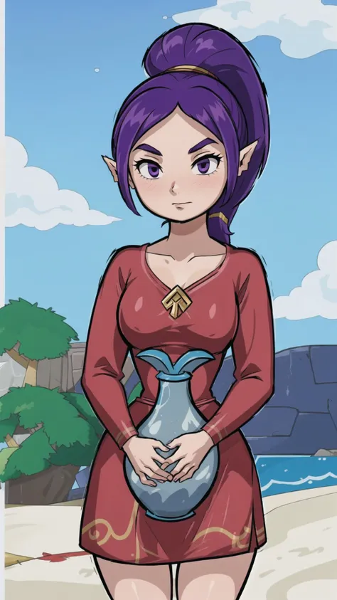 <lora:sue-belle:0.7> sue-belle, 1girl, pointy ears, purple hair, purple eyes, long hair, ponytail, red dress, wide hips, tall female, narrow waist, (holding vase:1.25), beach, <lora:StyleWindwaker1:0.8> Style Windwaker, StyleWindwaker, masterpiece, best quality, extremely detailed, highly quality, 4k, sharp focus, professional, sharp focus, award winning, cinematic lighting, octane render, unreal engine, volumetrics dtx, Wallpaper,