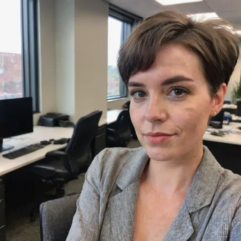 phone photo of woman with short hair in the office, uploaded on snapchat