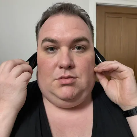phone photo of an obese middle age man trying on makeup, uploaded on snapchat