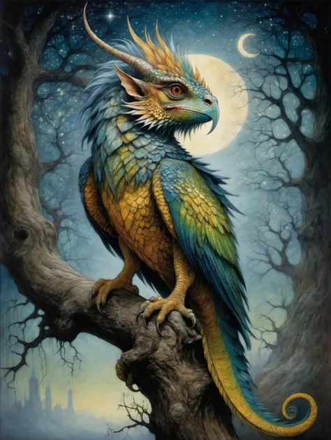 epic poster,
a beautiful mystical iridescent griffon-chameleon sits in a tree at night,
extremely detailed, oil on canvas, starry night, colourful, magical, epic, breathtaking, cinematic lighting, amber mist, sparks, figurative art, intricate, Kevin Sloan, ZdzisÅaw BeksinÌski, Alexander Jansson, Benjamin Lacombe, crisp quality
<lora:xl_more_art-full_v1:1>, style by Arthur Rackham and Brian Froud