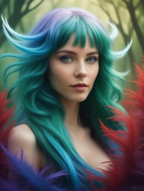 ethereal fantasy concept art of  , Generate an image with abstract and alien surreal creatures consisting of long feathers green blue hair and alien eyes. on an alien planet. The scene should be set in an inviting forest of abstract surreal bushes and trees and have a mystical atmosphere. The sky should be in purple, the moon in red . magnificent, celestial, ethereal, painterly, epic, majestic, magical, fantasy art, cover art, dreamy