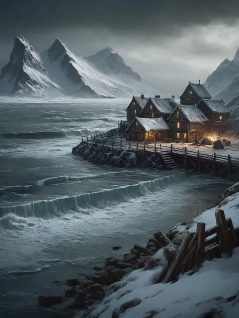 Horror-themed <lora:greg_rutkowski_xl_2:1> greg rutkowski cinematic photography of a full color fantasy Dungeons and Dragons masterpiece, an icy tundra with a bleak stormy blizzard hits a settlement and ocean. ((A medieval barricade-walled, squalid coastal town made of several closely-huddled roundhouses (inspired by Viking architecture) are surrounded by a wooden barricade)) beds down in the sub-zero cold and lit by vague torchlight. The windows and shuttered and the town looks like a cold, miserable place to be. ((A frozen ocean shoreline is inundated with icebergs in the foreground, with a few piers into it)), Flying seagulls, intricately detailed, sharp details, Ultra-HD-details, true to life, HDR image, High detail resolution, high detailed cloth, cinematic lighting, realistic, sharp focus, (very detailed), ((4K HQ)), depth of field, f/1.2, Leica, 8K HDR, High contrast, bokeh, realistic shadows, vignette, epic, . Eerie, unsettling, dark, spooky, suspenseful, grim, highly detailed