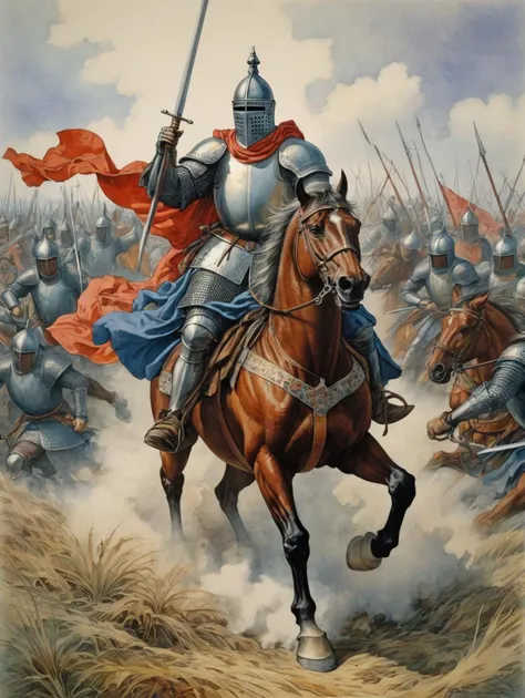 This scene captures the raw, unpolished essence of medieval warfare, highlighting the stark realities faced by a knight in the heat of battle, surrounded by the chaos and violence of an era defined by its fierce and unyielding conflicts,
a vivid and unvarnished scene from a medieval battlefield, A knight, embodying the fierce spirit of medieval warfare, charges into the fray. Strewn across the field are the remnants of the battle: broken weapons, fragments of shields, and fallen banners that once bore proud insignia.
in the style of Ivan Bilibin, Ernst Haeckel, Daniel Merriam, watercolor and ink. Extremely detailed, colourful, great depth and scale, crisp quality in the style of Ivan Bilibin, Ernst Haeckel, Daniel Merriam, watercolor and ink. Extremely detailed, colourful, great depth and scale, crisp quality
<lora:xl_more_art-full_v1:1> <lora:SDXL_Inkdrawing_Directors_Cut_E:0.6> inkdrawing, <lora:sketch_style:1.0.9> sketch
