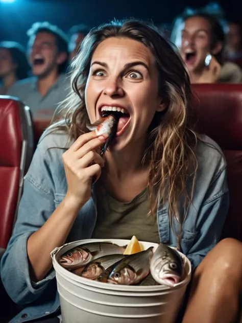 realistic stock photo of a woman watching a movie in a cinema, eating raw fish, sloppy, dirty face, messy eating, spilling, laughing, happy, excited, holding fish in hand, fish inside mouth, mouthful of raw fish, bucket of dead fish, bag of dead fish, drooling, wearing ripped clothing, dark lighting, messy hair