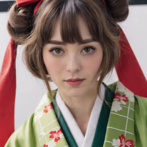 phone photo of 1girl bell bow brown_eyes brown_hair checkered_clothes checkered_kimono green_hakama hair_bell hair_bow hair_ornament hakama japanese_clothes kimono looking_at_viewer red_bow red_kimono solo two-tone_kimono white_background yellow_bow,(freckles:0.2).uploaded on snapchat