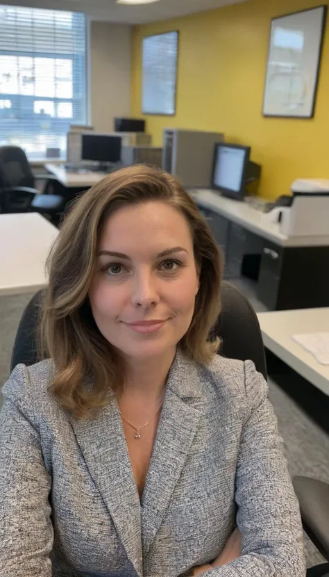Phone photo of a woman sitting in office, uploaded to snapchat
