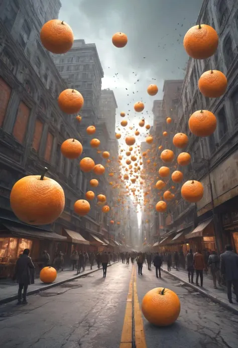 fantasy, horror fantasy, giantic orange fruit flying above city full of afraid people, pov of sidewalk, uhd 8k hyper-realistic intricate detail