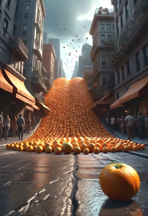 fantasy, horror fantasy, giantic orange fruit flying above city full of afraid people, pov of sidewalk, uhd 8k hyper-realistic intricate detail
